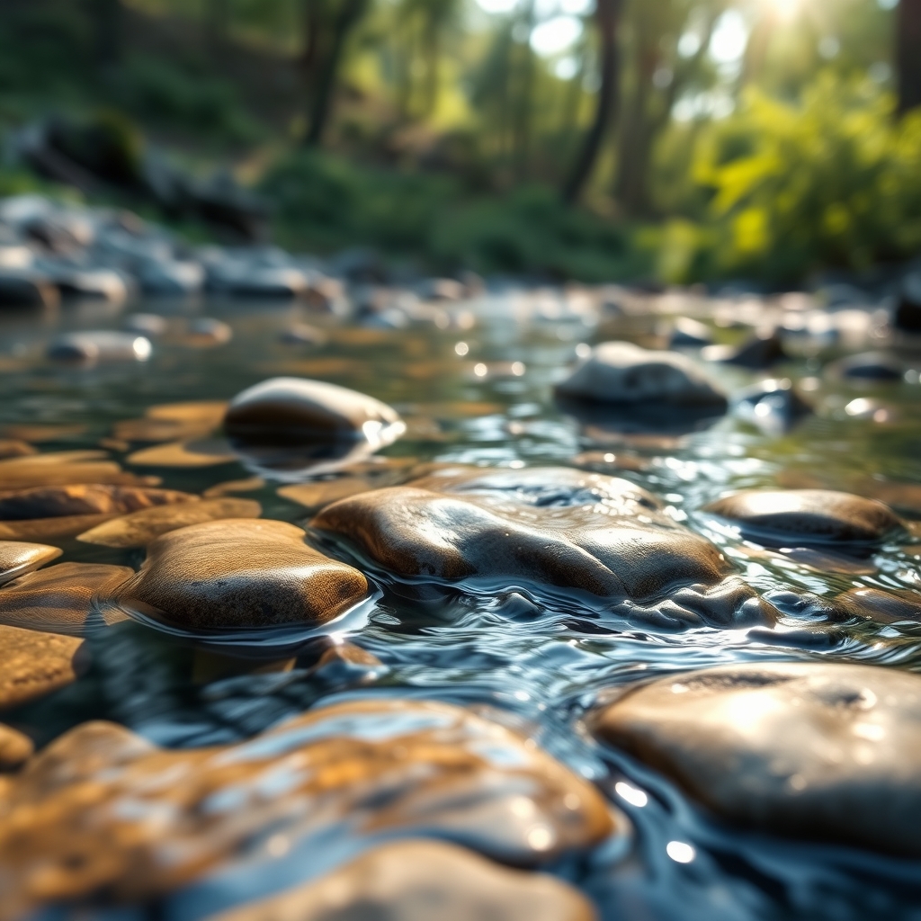 Clear water flowing over smooth stones in a serene natural setting with soft morning light.