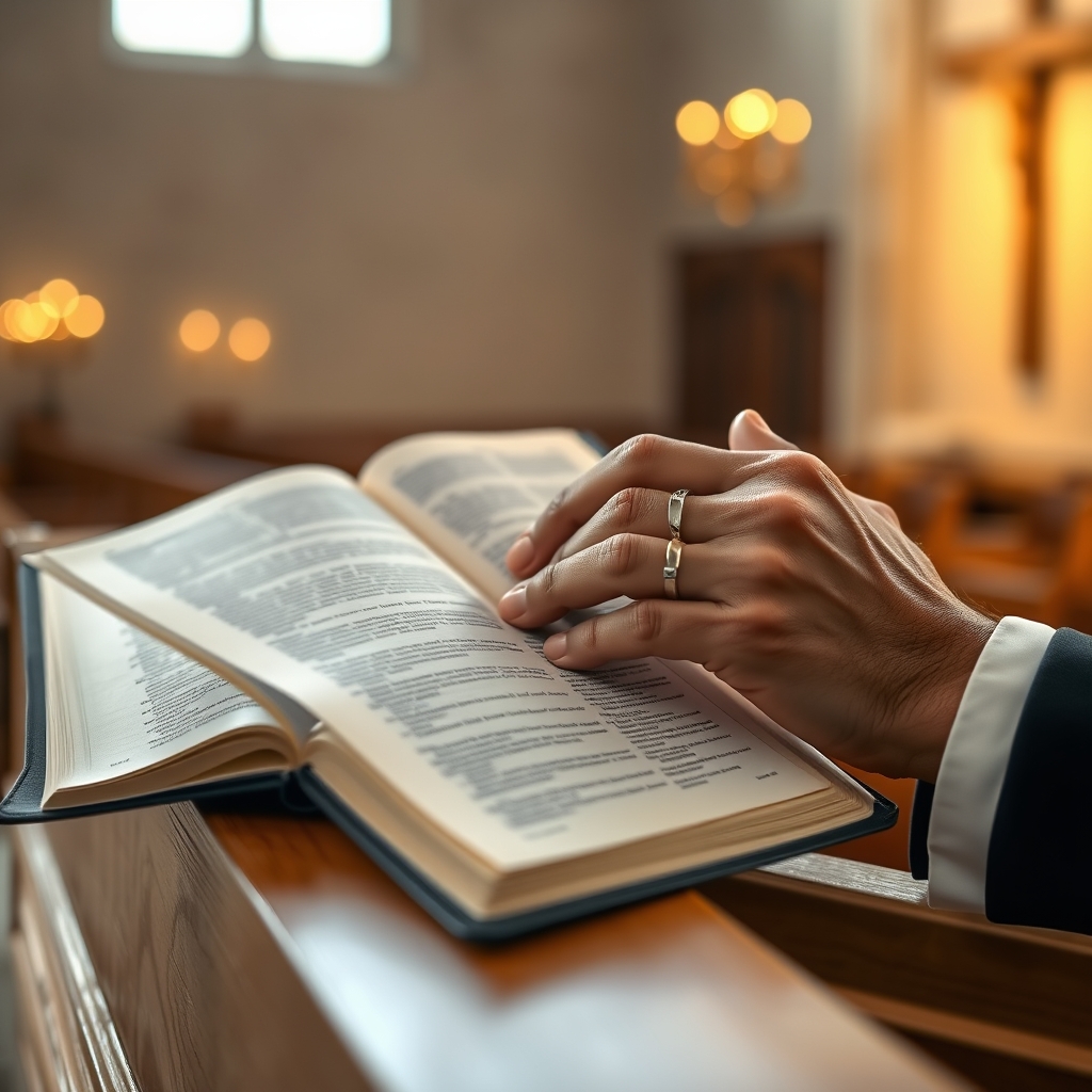 Close-up of a pastor's hands holding an open Bible on a wooden pulpit, with soft candlelight and a cross visible in the background.