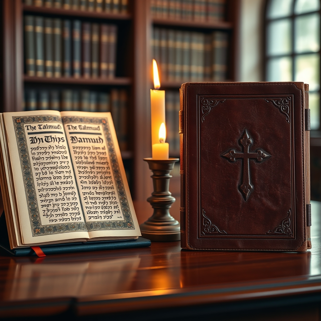 Close-up of an ancient Jewish manuscript and a Bible side by side on a wooden table in professional photography style, highlighting the question of identity.