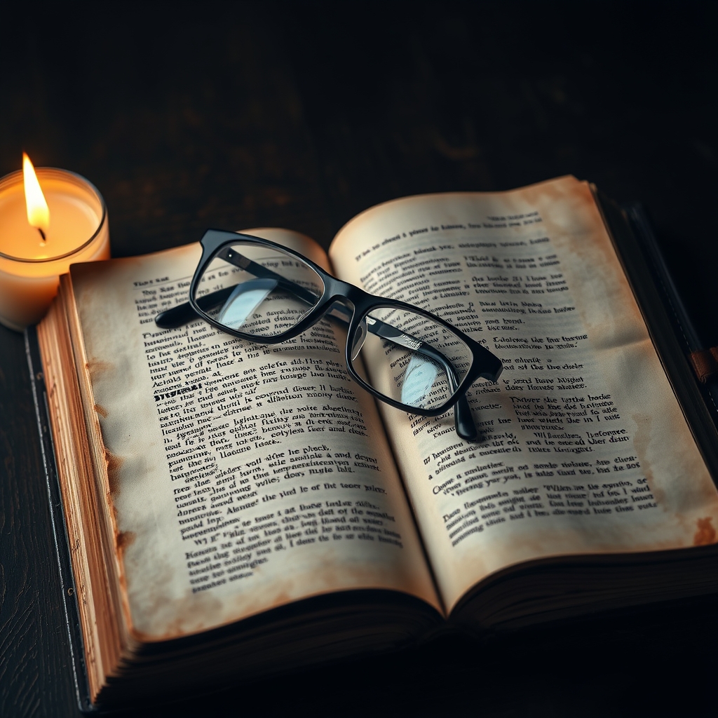 Close-up of an open Bible with reading glasses and a candle beside it on a wooden table.