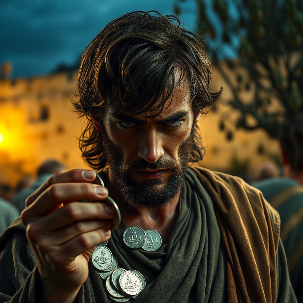 Close-up of ancient silver coins held in cupped hands, biblical scene