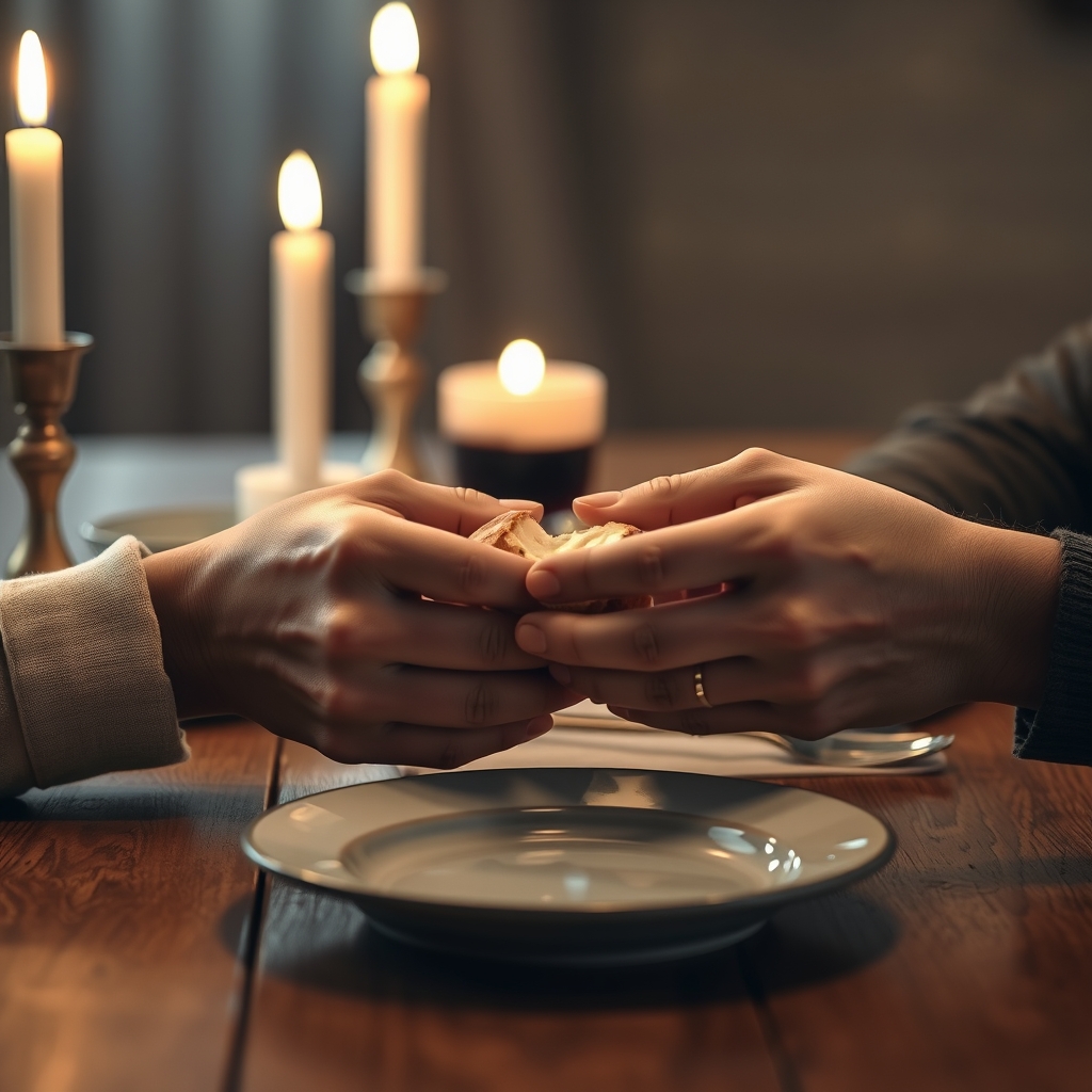 Close-up of hands breaking bread at a candlelit table with wine nearby