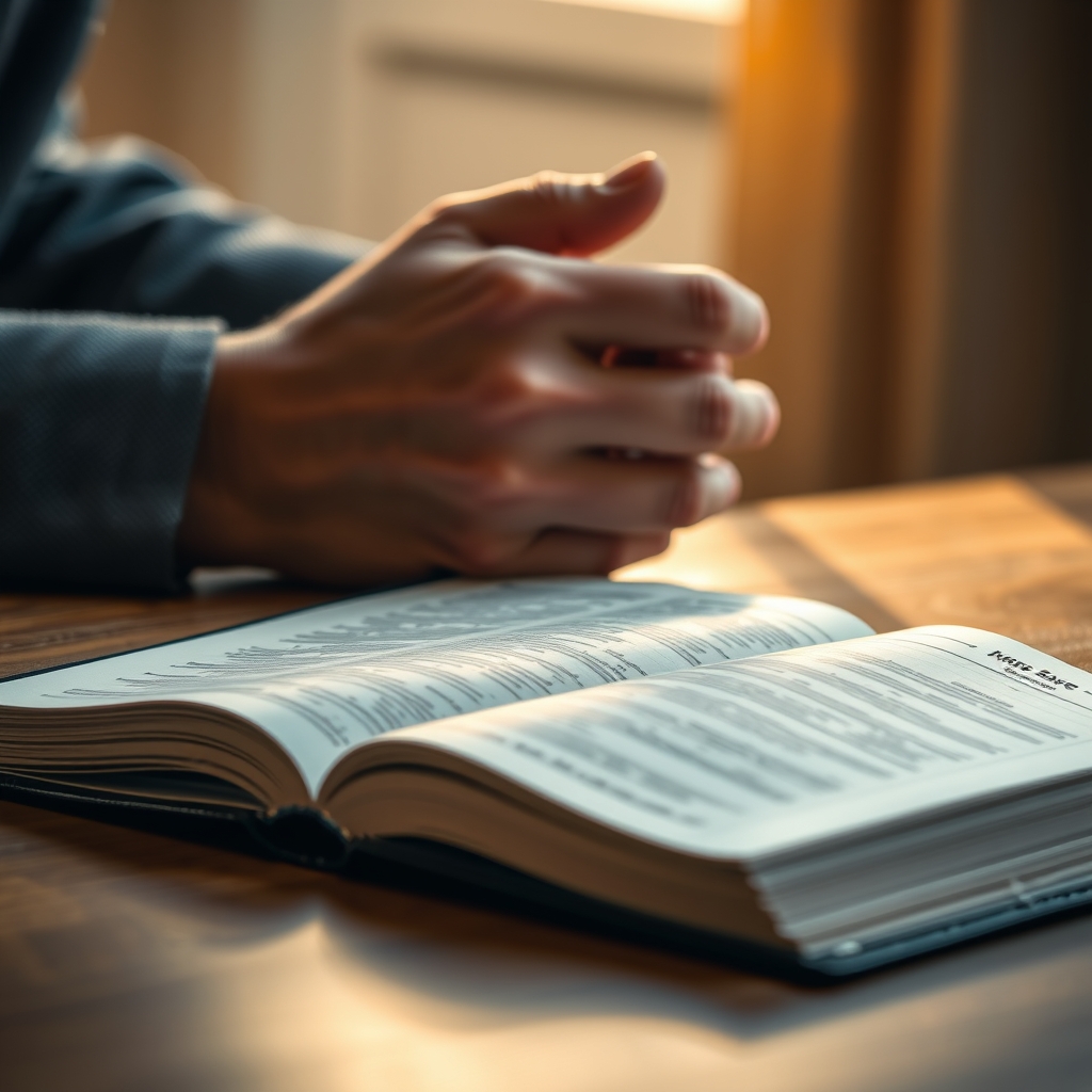 Close-up of hands clasped in prayer with a Bible open in the foreground under soft natural light