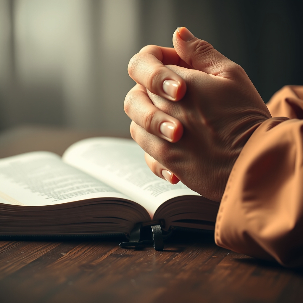 Close-up of hands clasped in prayer with an open Bible.