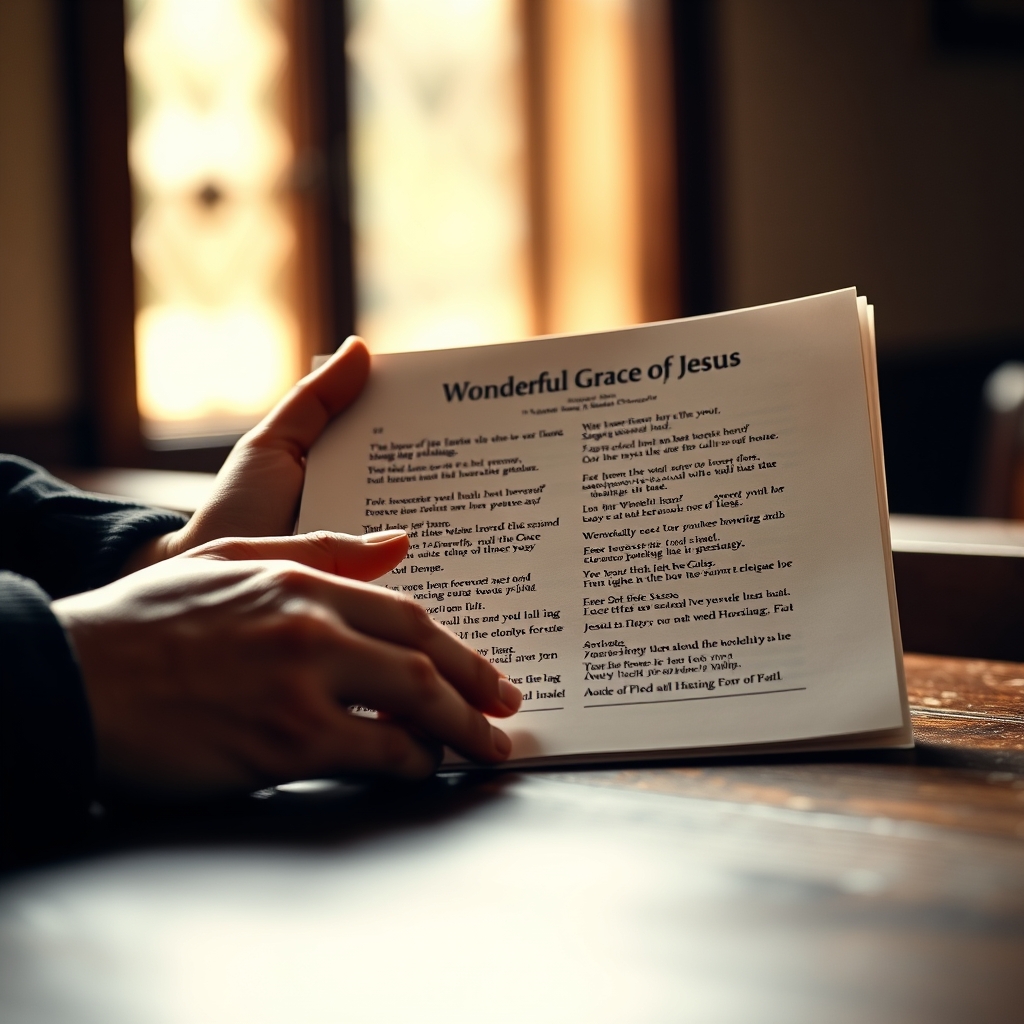 Close-up of hands holding a printed sheet of hymn lyrics titled 'Wonderful Grace of Jesus' on a wooden surface in soft natural light.