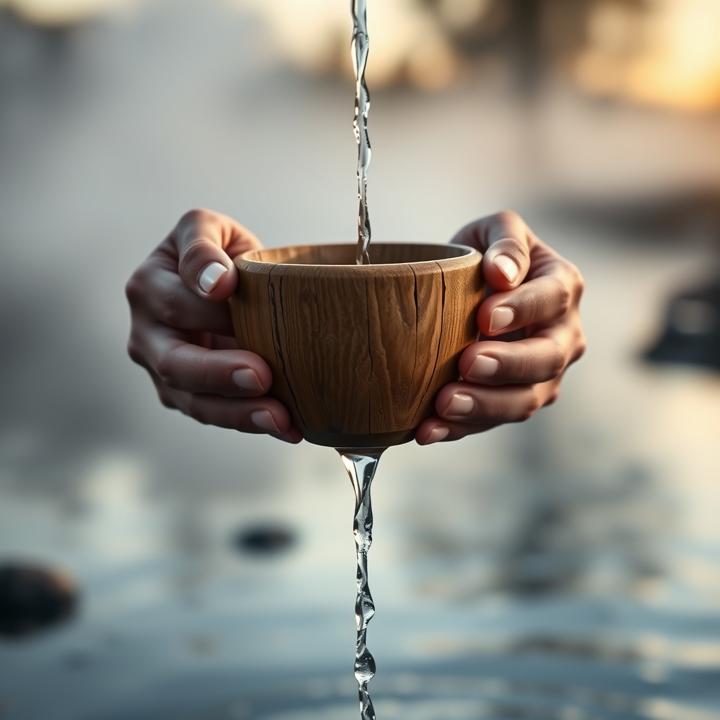 Close-up of hands holding a rustic wooden cup with overflowing water on a riverbank at dawn.
