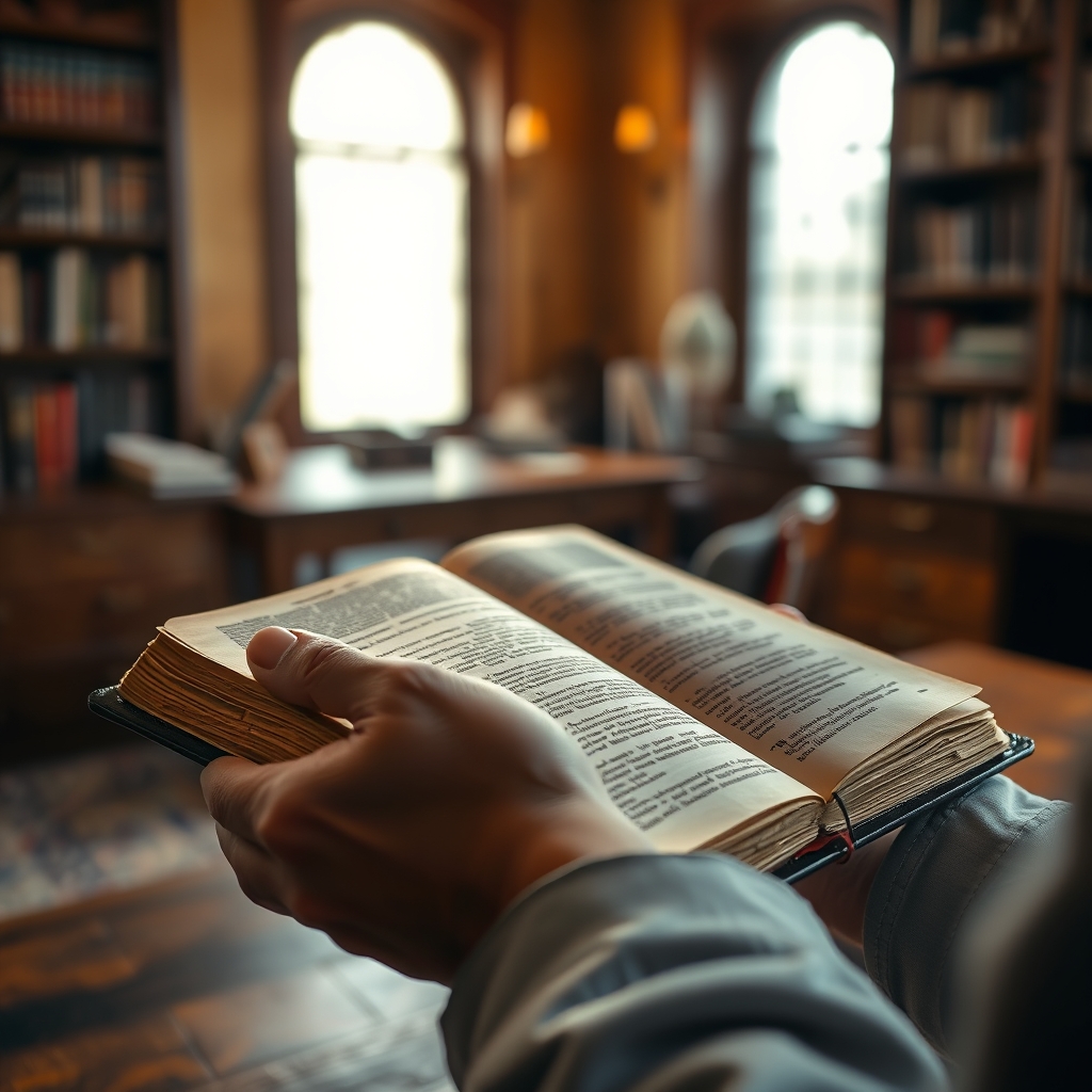 Close-up of hands holding a worn Bible in a warm study room, symbolizing personal faith and the study of Jesus' name.