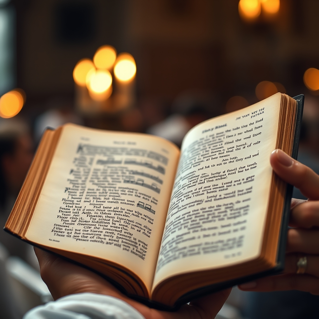 Close-up of hands holding an open hymnal in a candlelit worship setting, professional photography style.