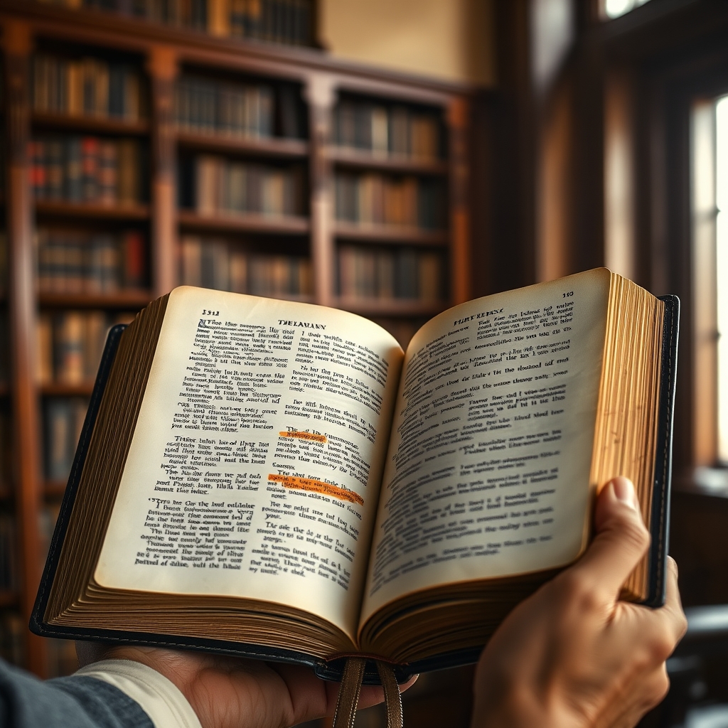 Close-up of hands holding an open leather-bound Bible with highlighted passages, set against a softly blurred background of a library with theological books.
