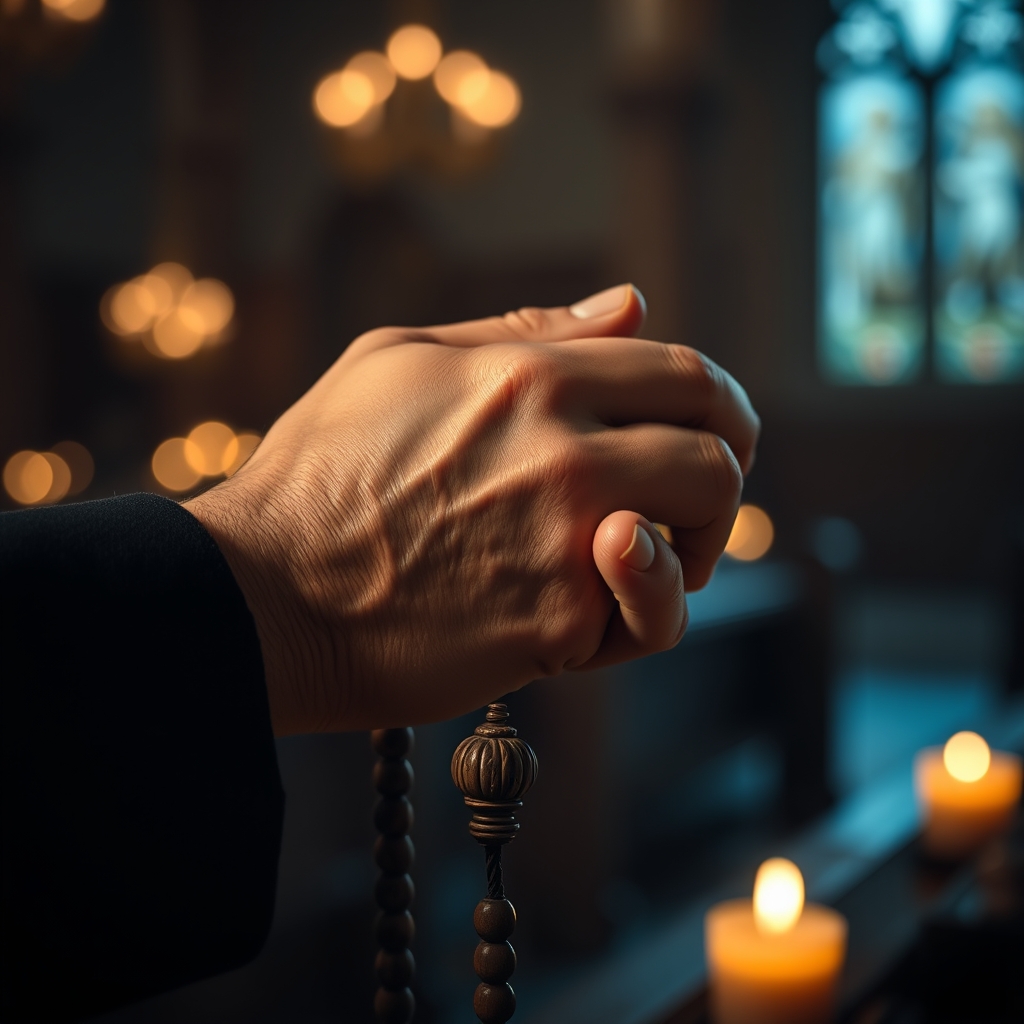 Close-up of hands holding and moving through rosary beads with candlelight in the background