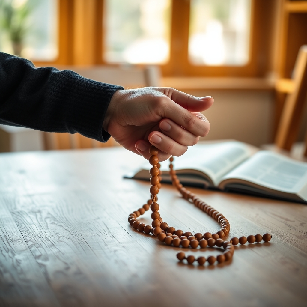 Close-up of hands holding wooden prayer beads next to an open Bible on a wooden table in a warmly lit room.