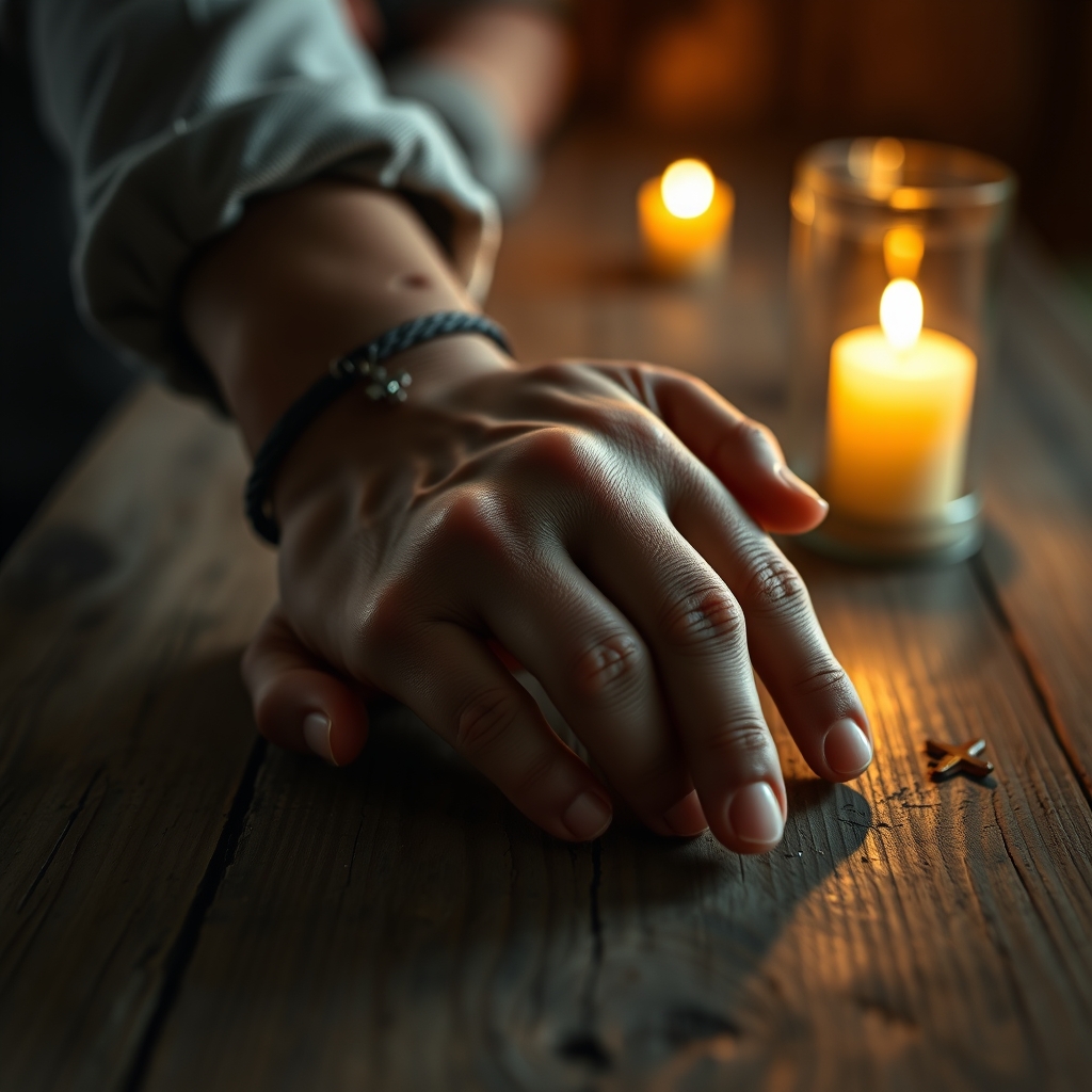 Close-up of hands in prayer on a wooden surface with warm candlelight from the side, evoking a peaceful and contemplative mood
