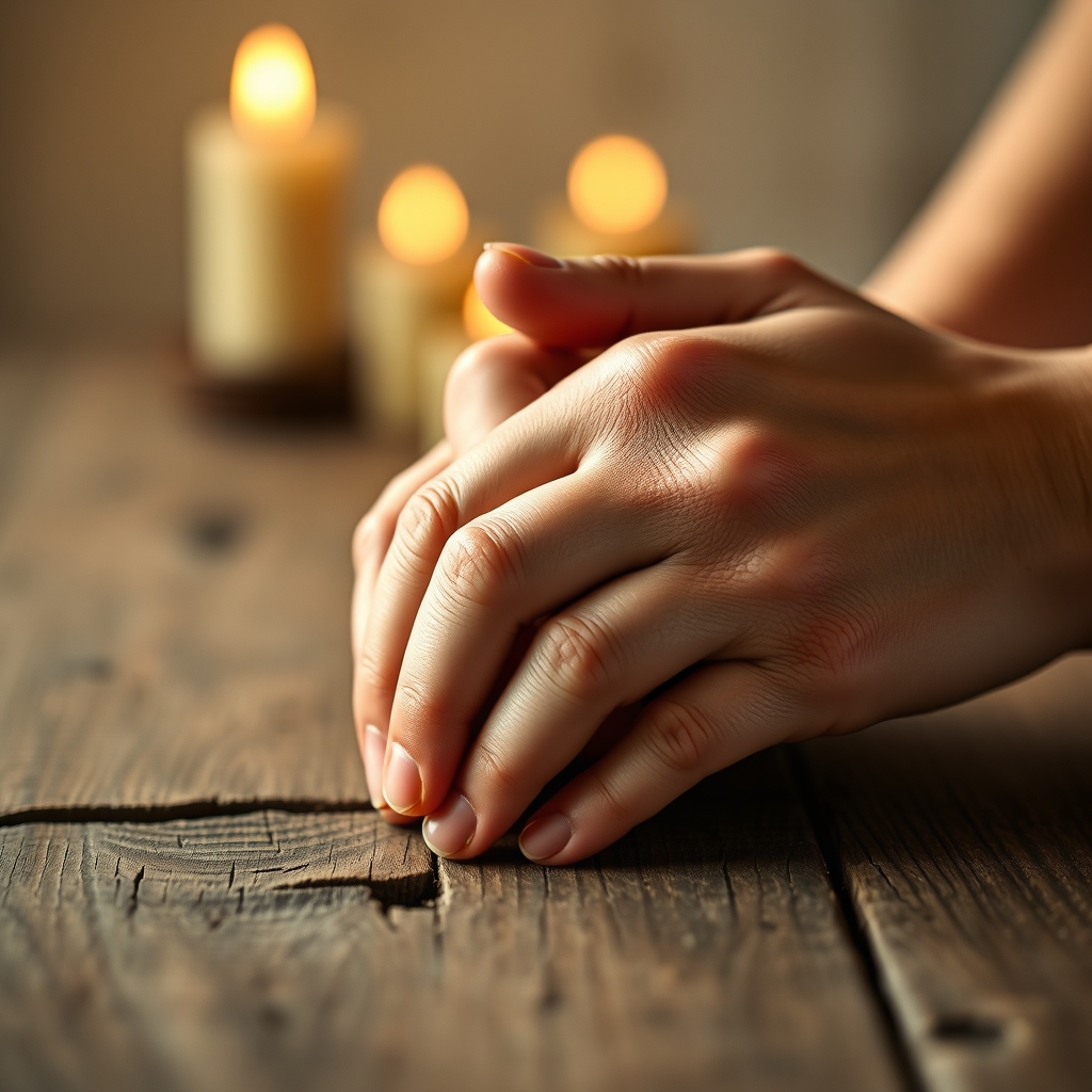 Close-up of hands in prayer, representing the repentant thief's choice.