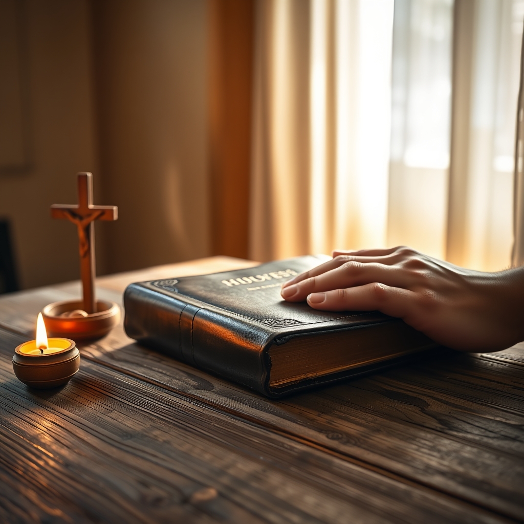 Close-up of hands placing a worn Bible on a wooden table beside a small wooden cross and a glowing oil lamp, symbolizing the costs of discipleship.
