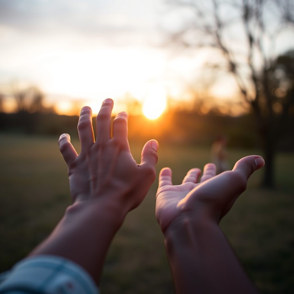 Close-up of hands reaching towards light, symbolizing hope and new beginnings.