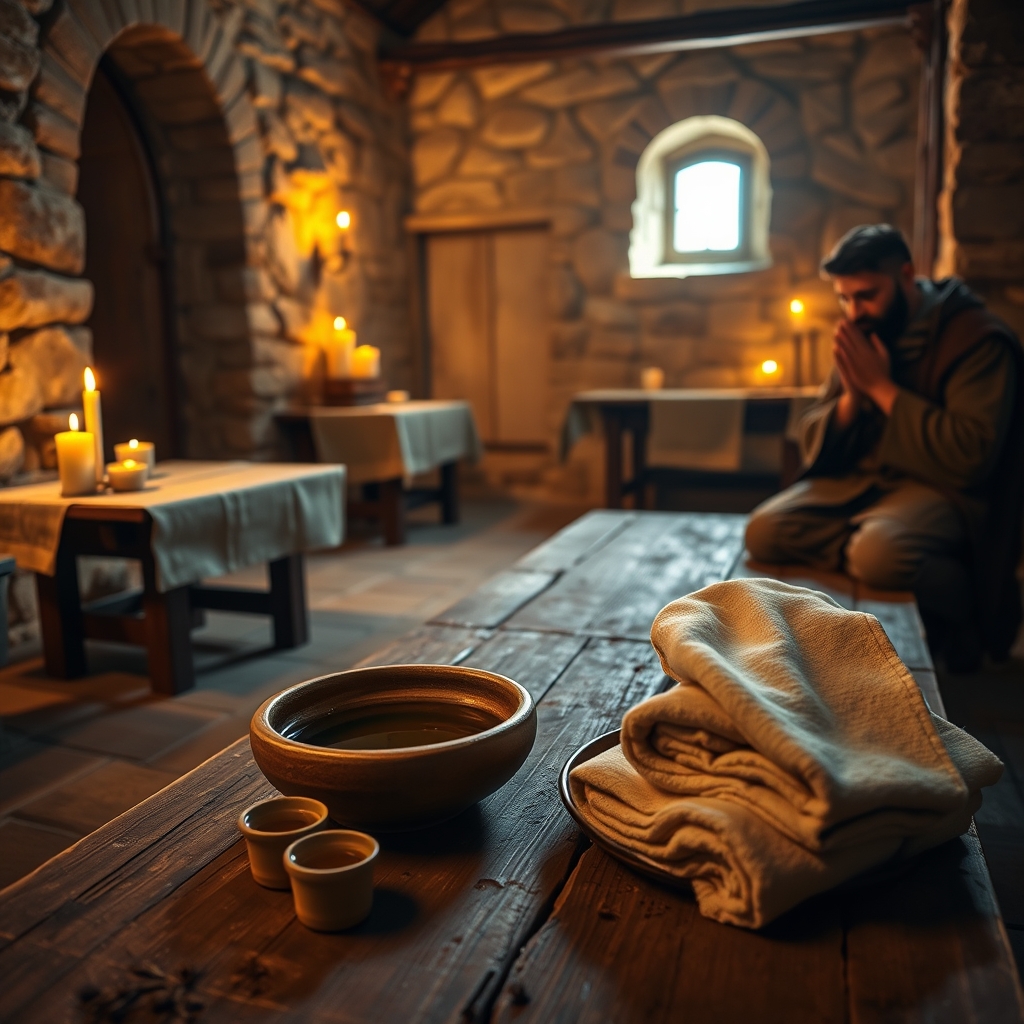 Close-up of hands wiping cloth by basin of oil near folded ceramic cups in warm candlelit Last Supper room, biblical humble ceremony, professional photography.
