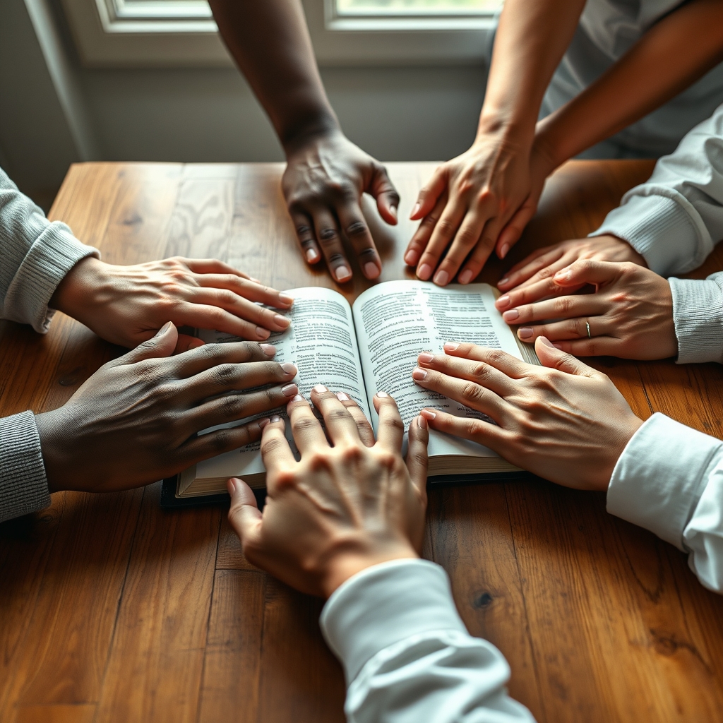 Close-up of praying hands of various skin tones around an open Bible, professional photography style.