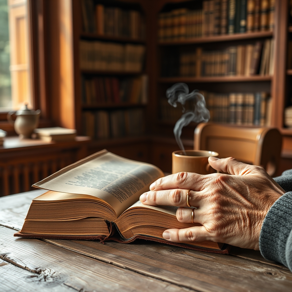 Close-up of weathered elderly hands holding an open leather-bound Bible on a rustic wooden table, with soft natural light streaming through a nearby window.