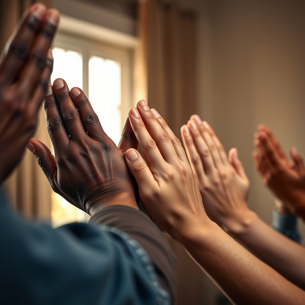Close-up photograph of diverse hands lifted together in prayer, illuminated by warm natural light, expressing faith and surrender