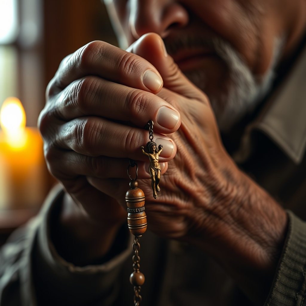 Close-up photorealistic photograph of weathered hands holding a rosary with a crucifix, illuminated by soft golden candlelight, conveying deep prayer and devotion to Jesus of Nazareth.
