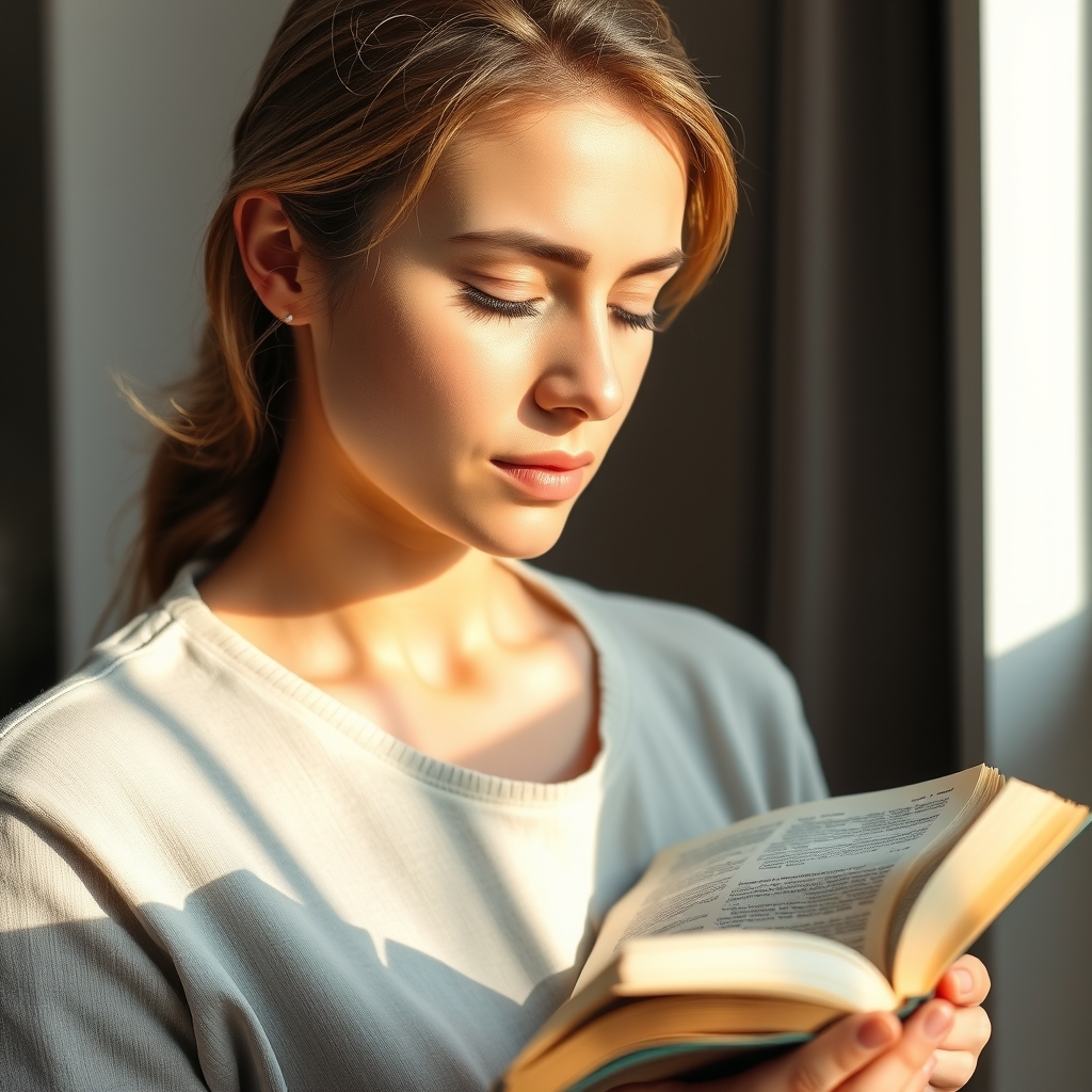Close-up photorealistic portrait of a person reading and praying with a Bible in natural light.