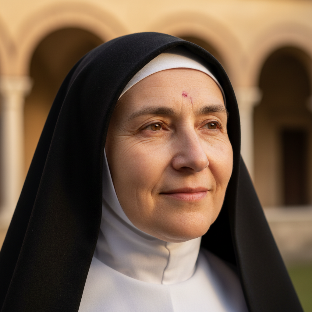 Close-up portrait of a serene woman, representing St. Rita of Cascia, with a gentle, compassionate expression.