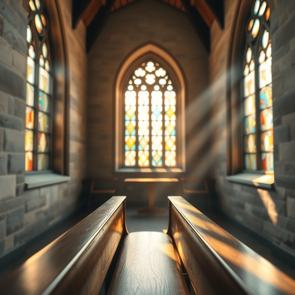 Colorful light reflections from a stained glass wall casting patterns across a stone chapel wall and an empty wooden pew in the foreground.