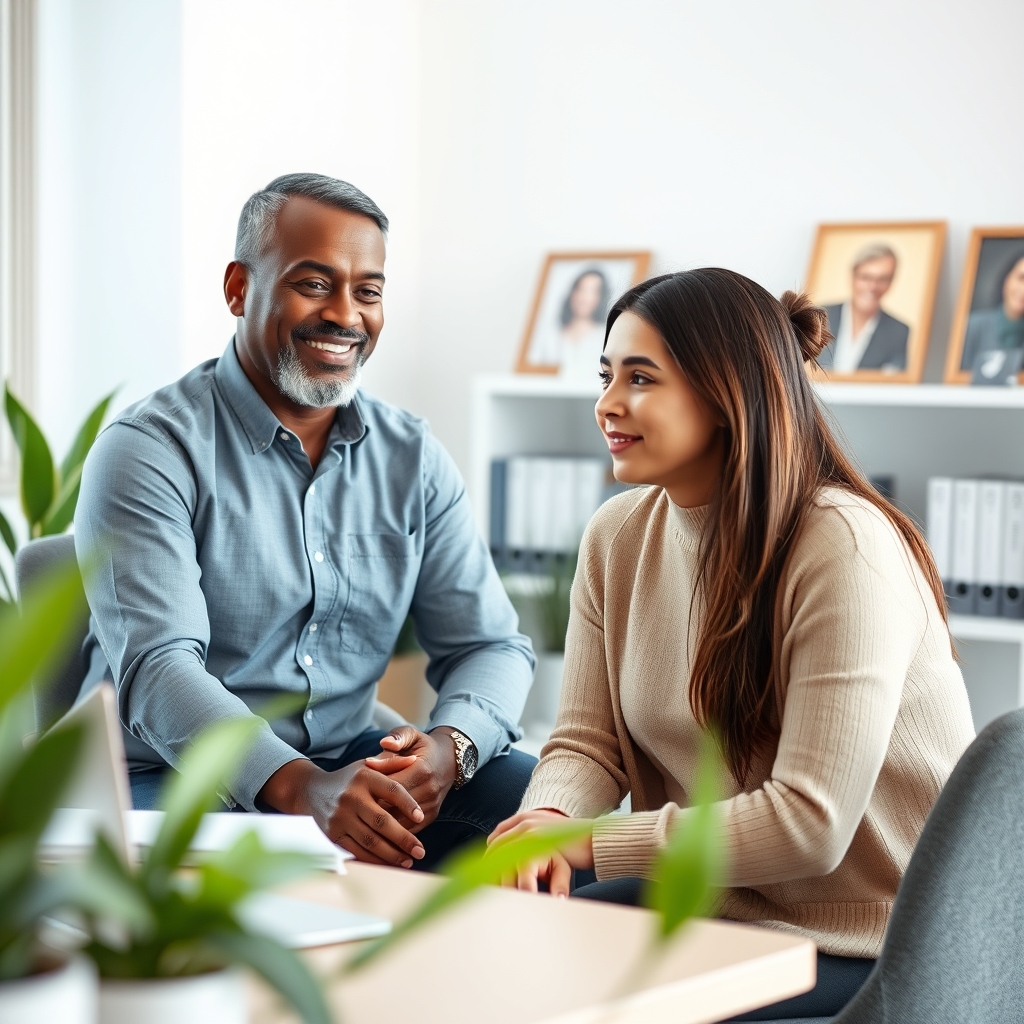 Compassionate professional woman in a therapy session, giving hopeful counseling to a client.