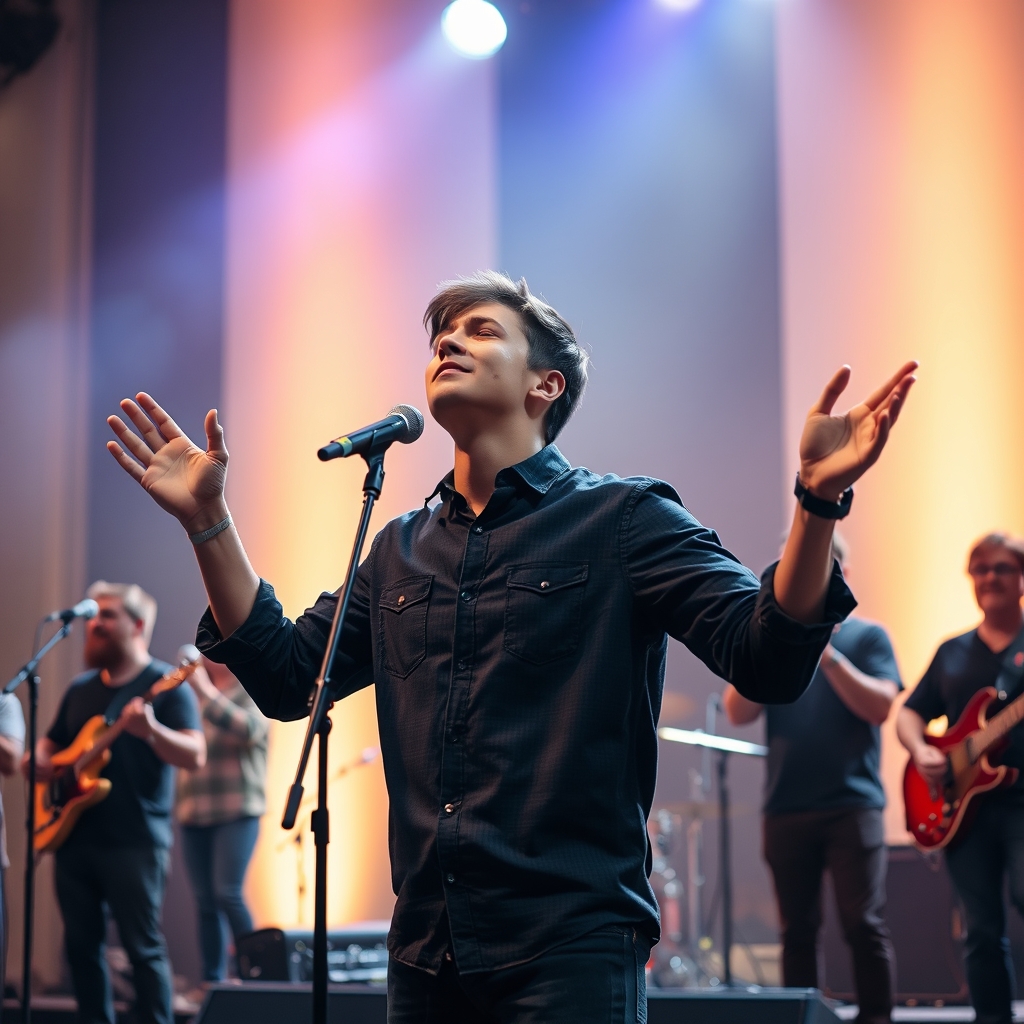 Contemporary worship band performing on stage with lead singer in focus, professional photography style.