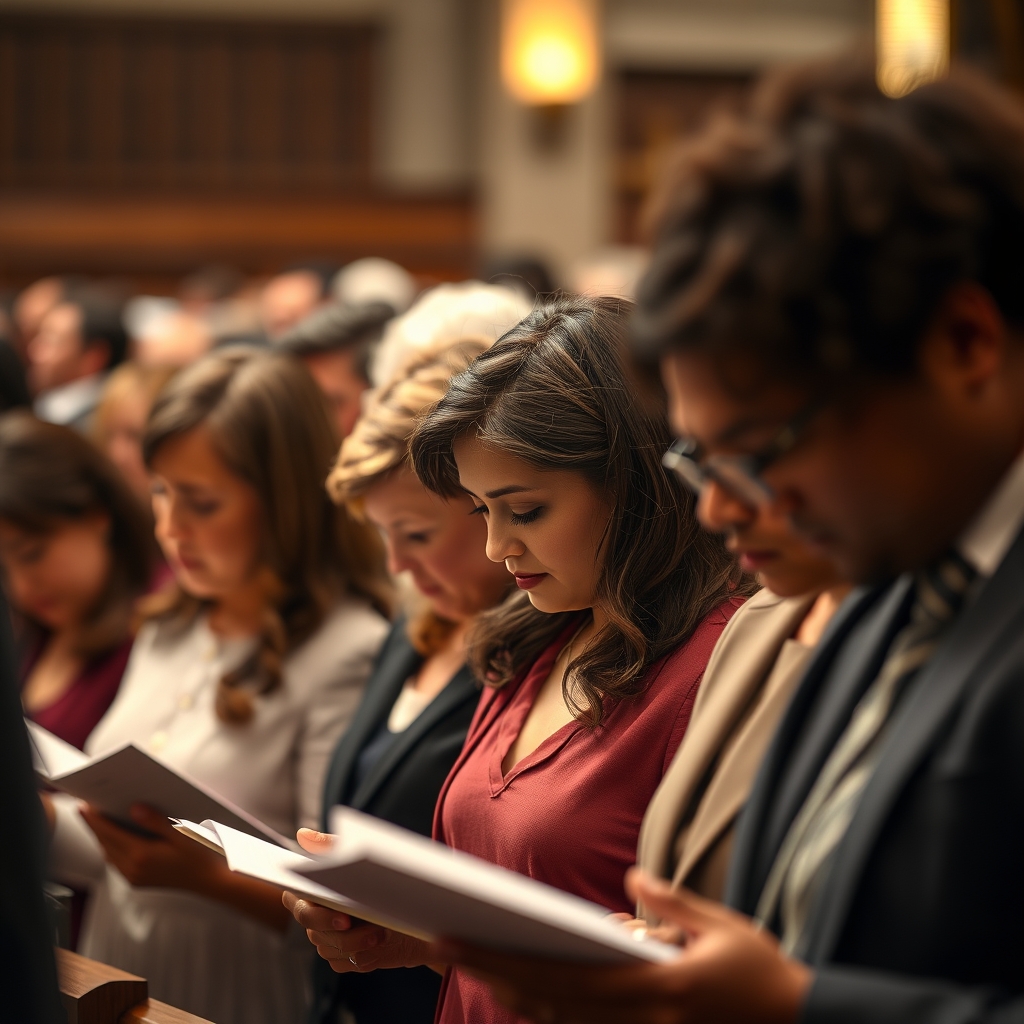 Devoted churchgoers in Sunday attire bow their heads in prayer during Mass