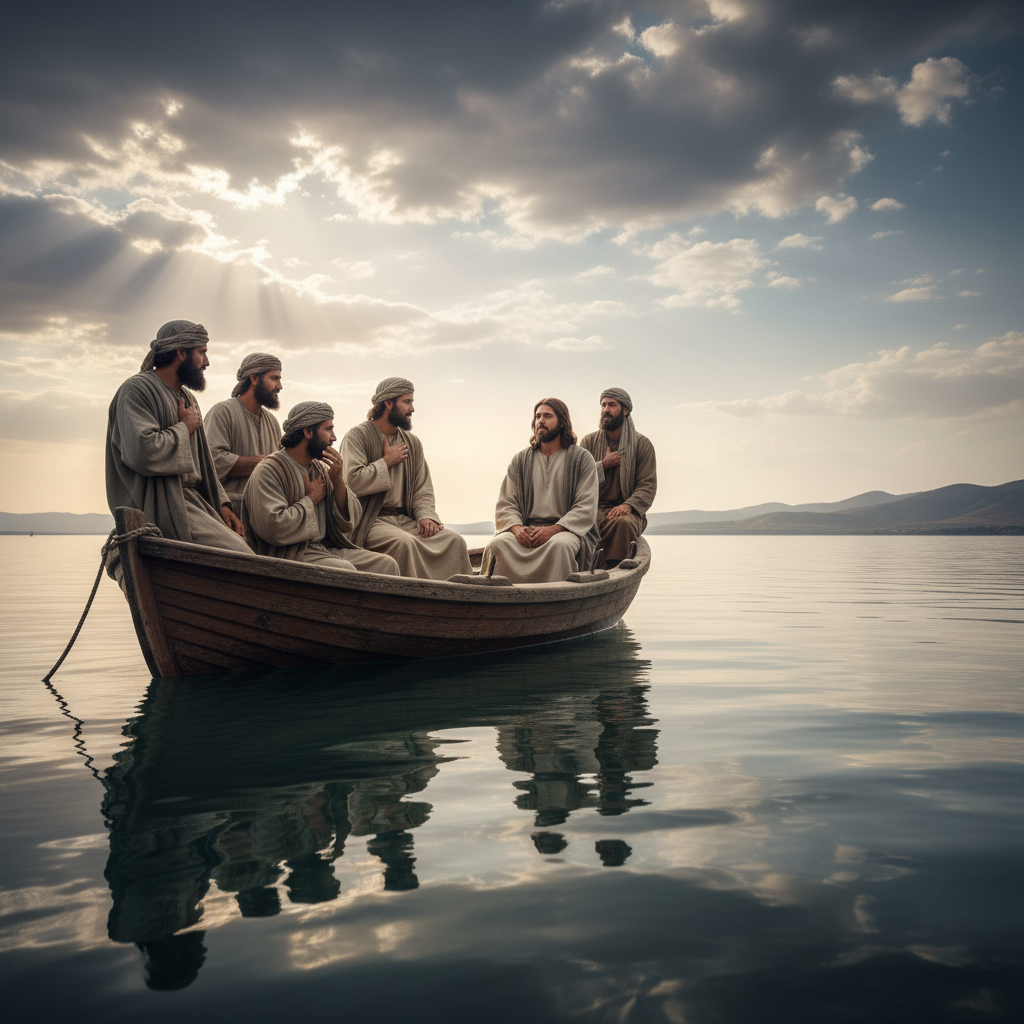 Disciples in a small boat gaze with awe at Jesus on a suddenly calm sea after a severe storm, under a clearing sky.