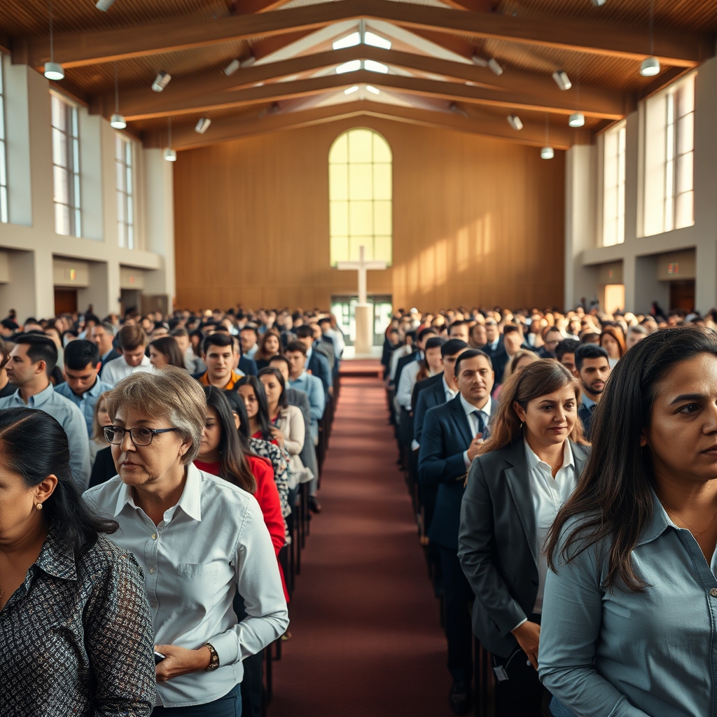 Diverse congregation in a modern church, professional photography style.