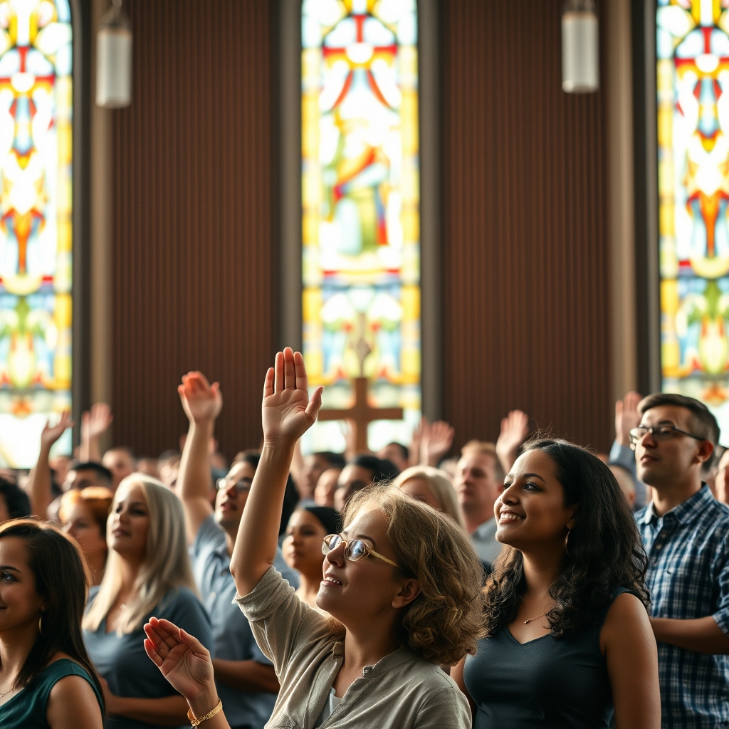 Diverse congregation worshiping in a modern church with hands raised and stained glass windows