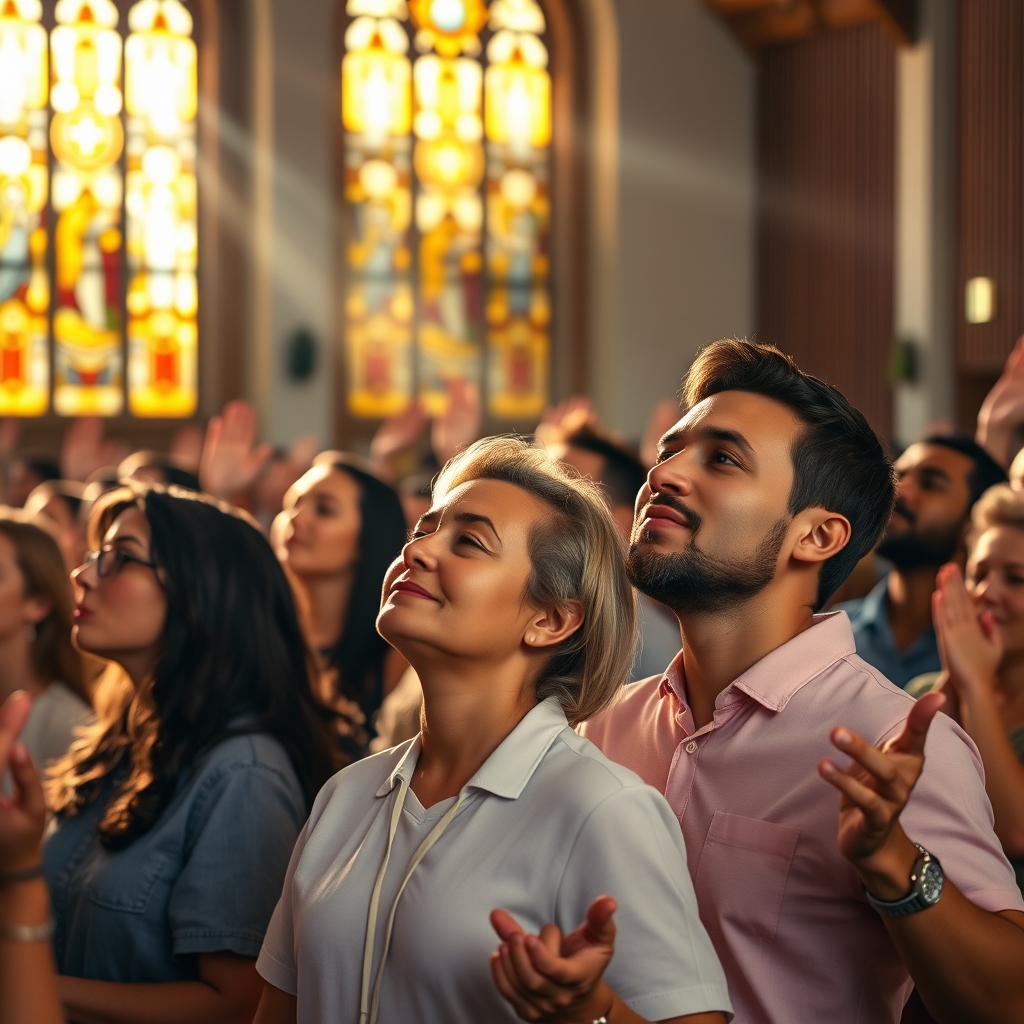 Diverse congregation worshiping together in a warmly lit church with stained glass windows