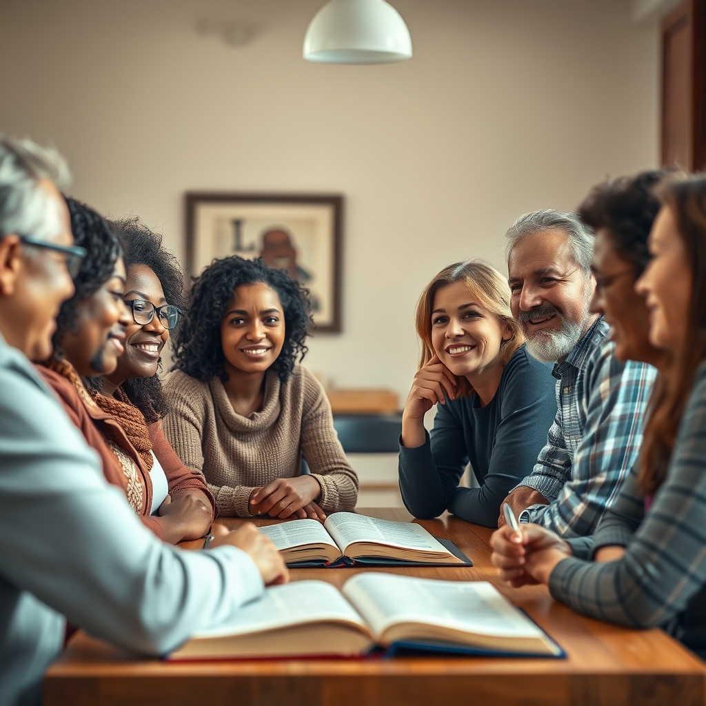 Diverse group of adults engaged in thoughtful discussion about faith around a warm, welcoming table setting.