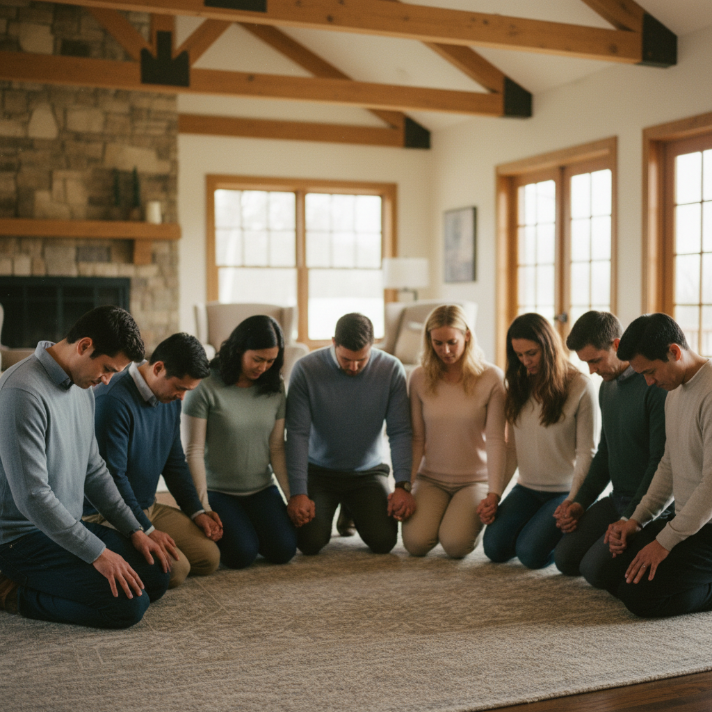 diverse group of adults praying together in a bright, warm-lit room