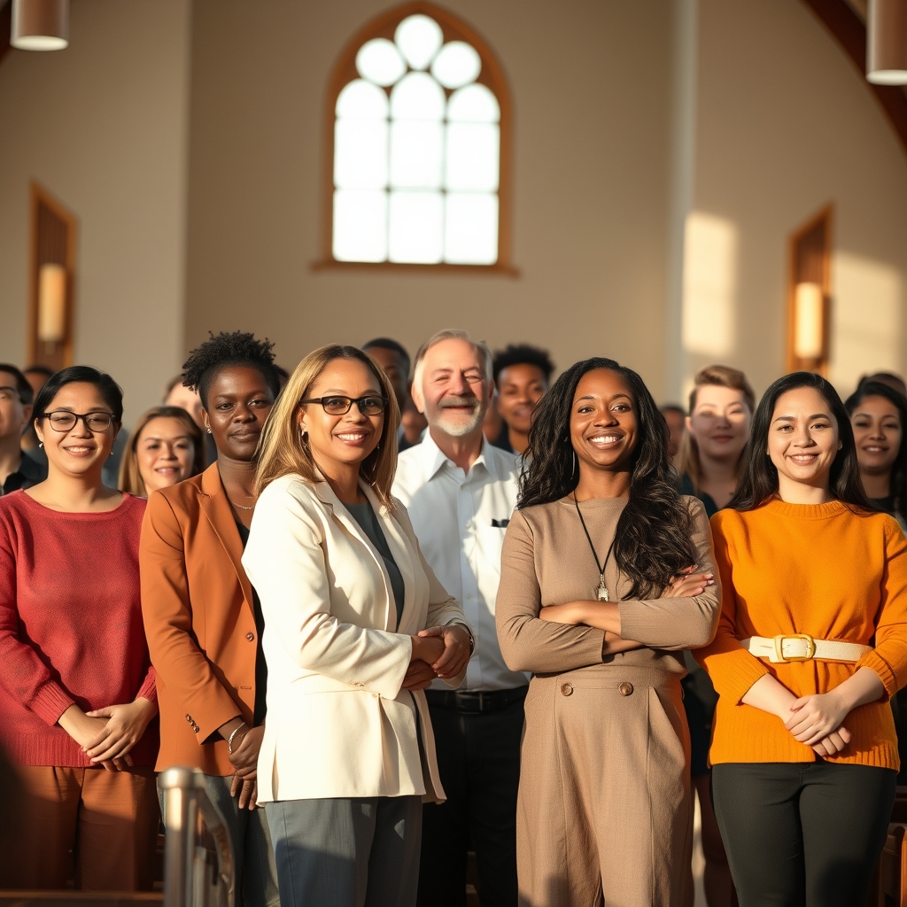 Diverse group of Christian adults in a warmly lit church sanctuary, professional photography style.