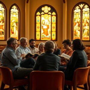 Diverse group of Christians engaged in Bible study in a warmly lit modern church interior, holding open Bibles and discussing Scripture together in a reverent, pastoral setting.