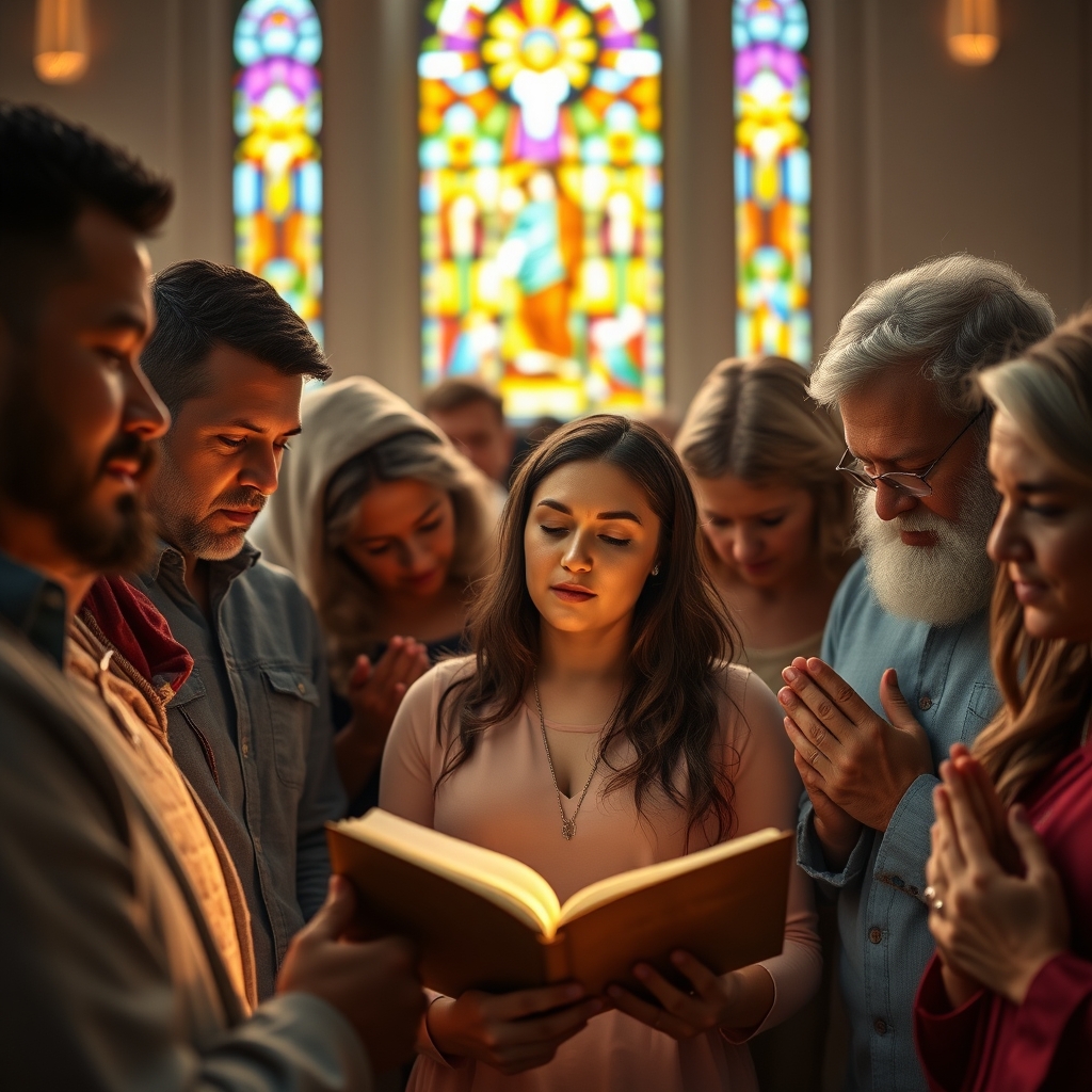 Diverse group of Christians gathered in prayer and worship in a softly lit church sanctuary, with one person holding an open Bible illuminated by warm golden light streaming through stained glass windows, conveying reverence and deep faith.