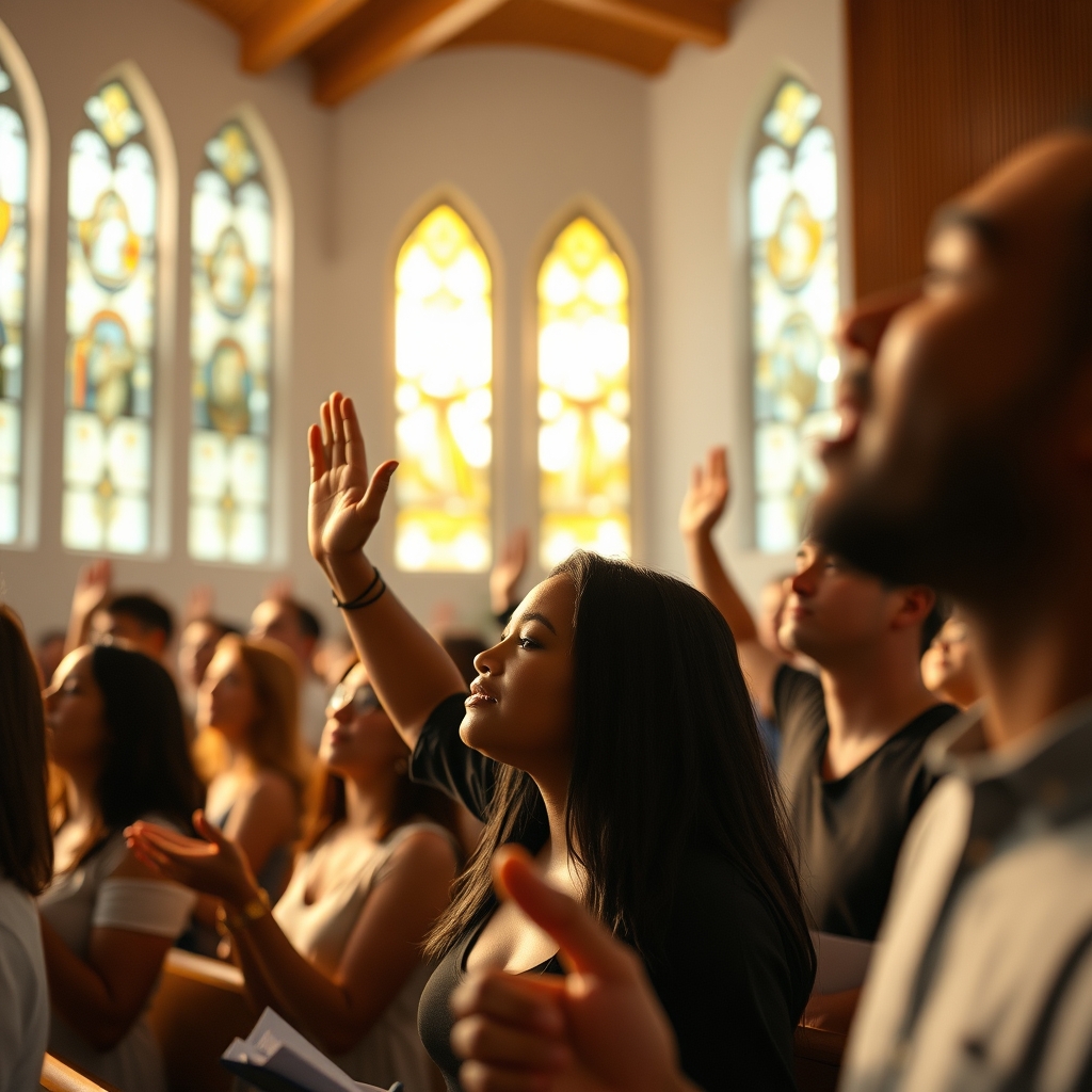 Diverse group of Christians in modern church service with hands raised in worship, warm lighting streaming through stained glass windows.