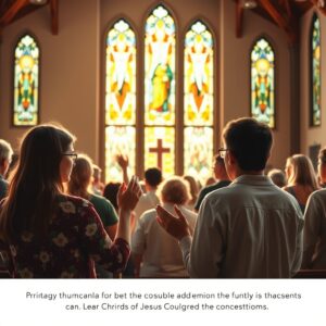 Diverse group of Christians praying in a modern church, soft light through stained glass, conveying faith and devotion.
