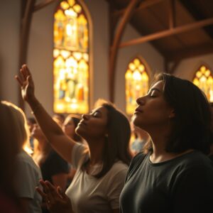 Diverse group of Christians worshiping in a modern church sanctuary with hands raised, warm golden light streaming through stained glass windows, capturing the heart of true worship focused on Jesus Christ.