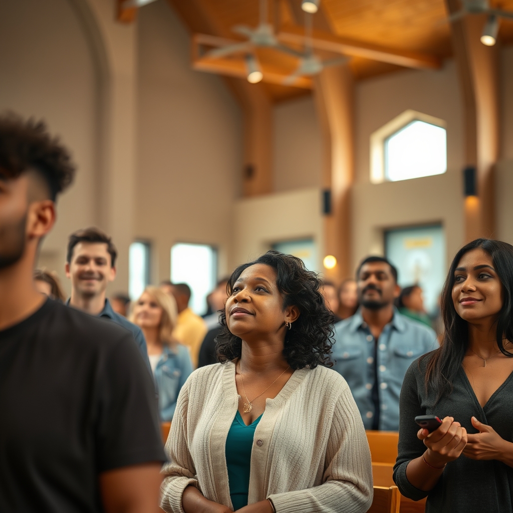 Diverse group of Christians worshiping together in a modern church