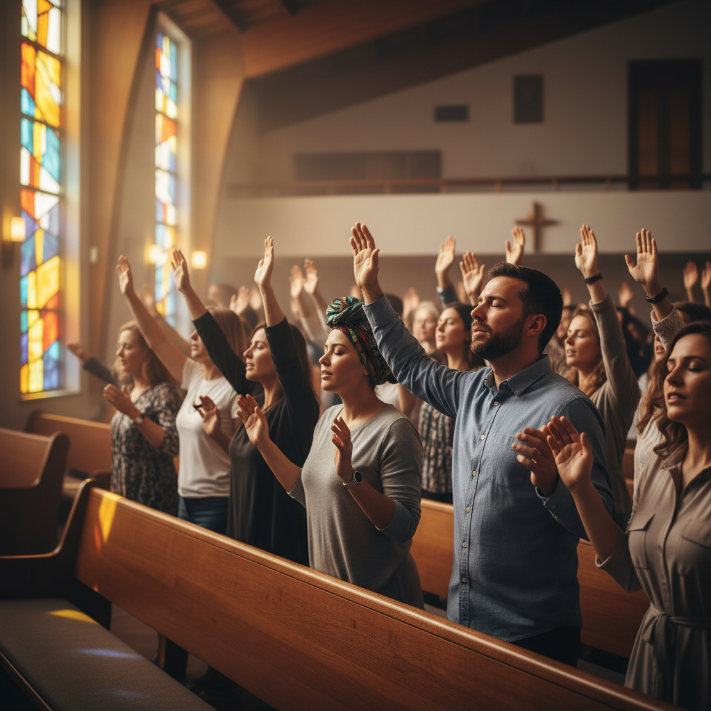 Diverse group of Christians worshiping together in a modern church with stained glass windows and warm lighting.