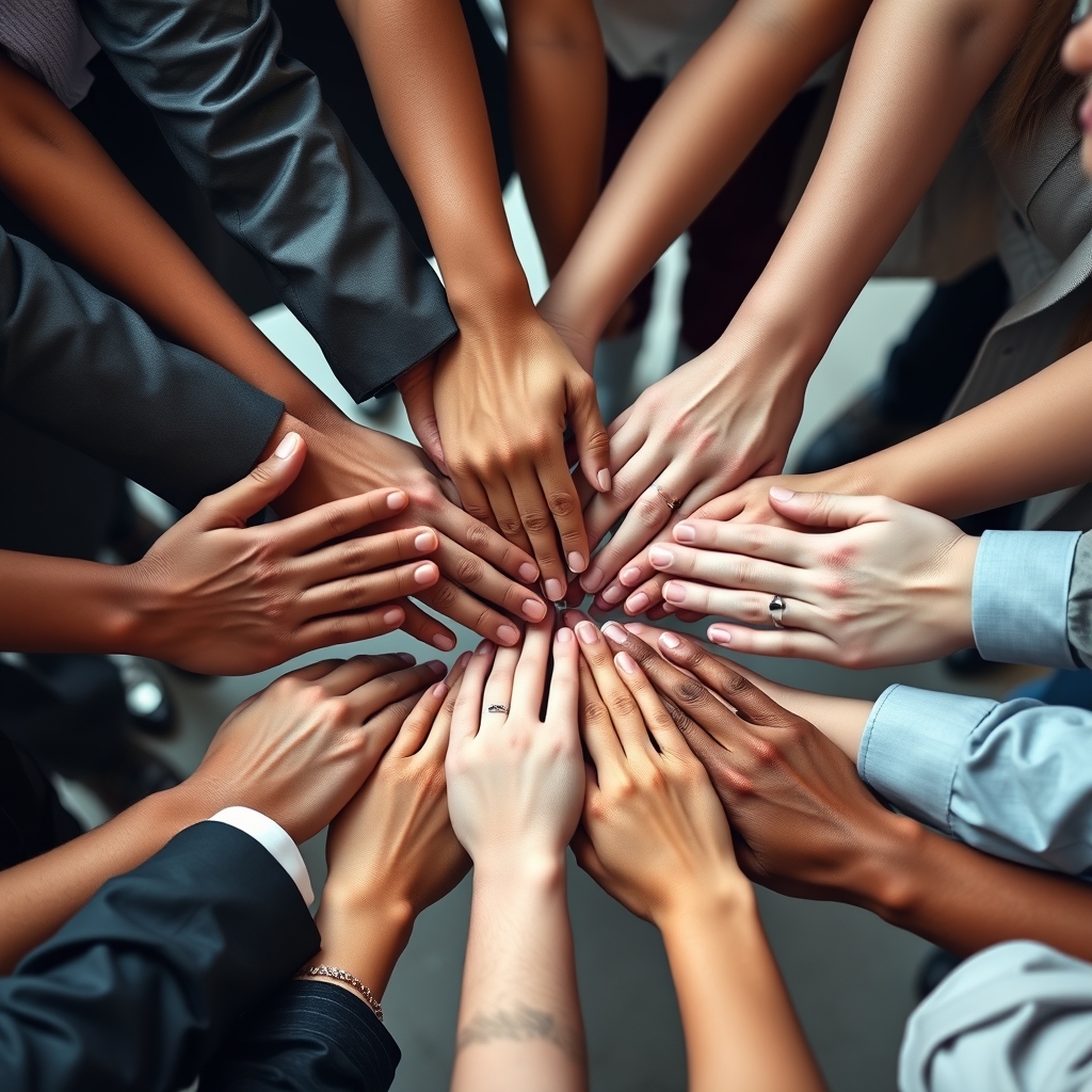 Diverse group of hands clasped together in unity, conveying community and faith.