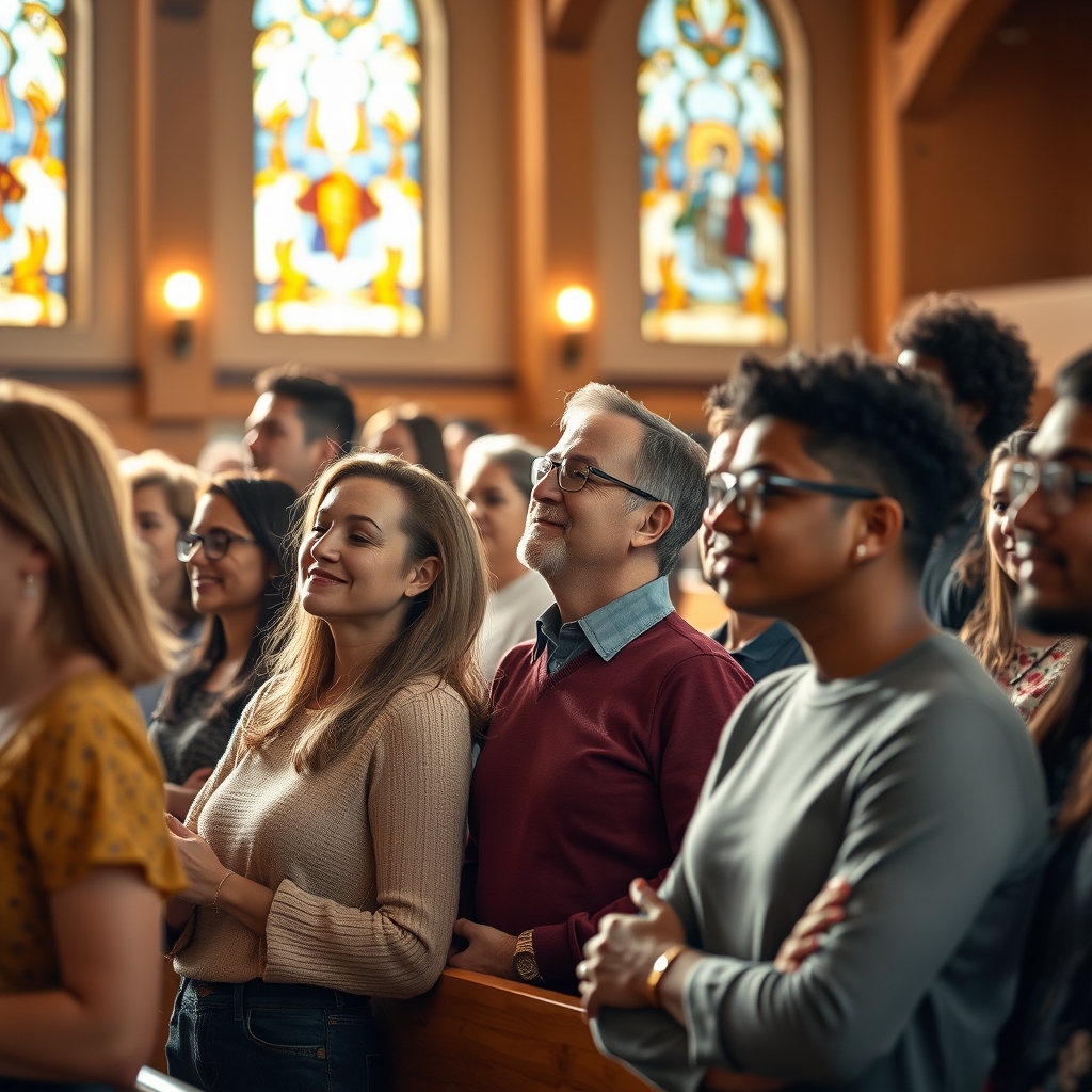 Diverse group of people in a modern church setting with warm lighting and stained glass windows.