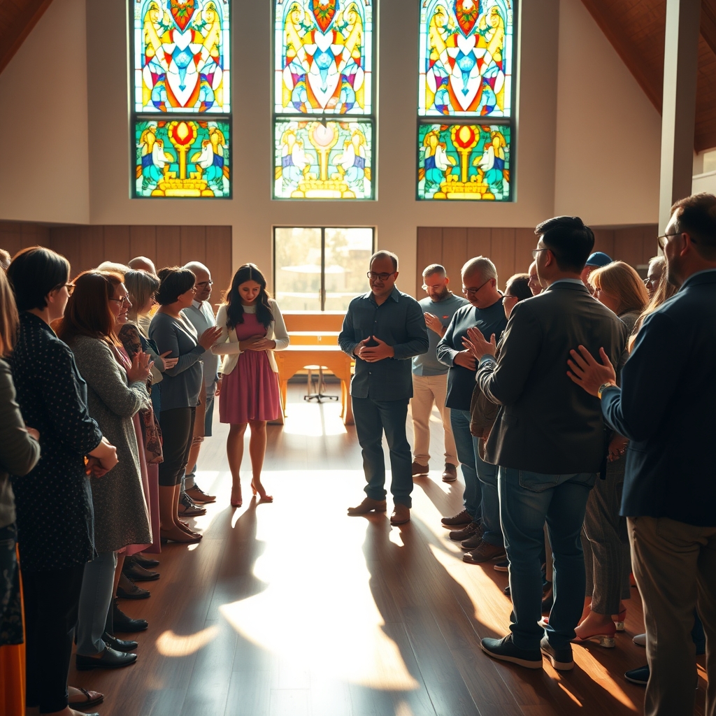 Diverse group of people praying together in a modern church with stained glass windows, symbolizing the community of faith around Immanuel.