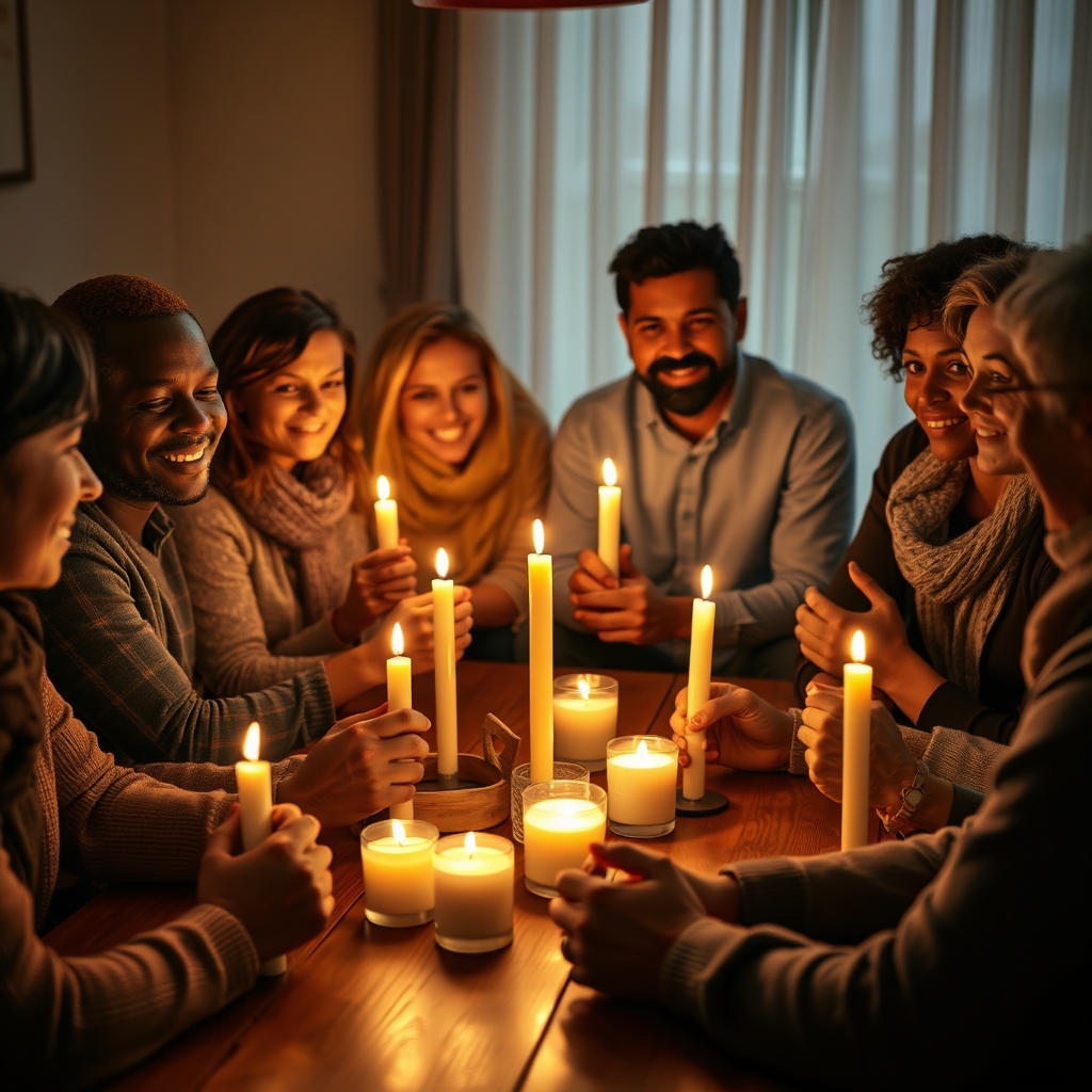 Diverse group of people sitting together in a warm candlelit circle engaged in a heartfelt conversation.