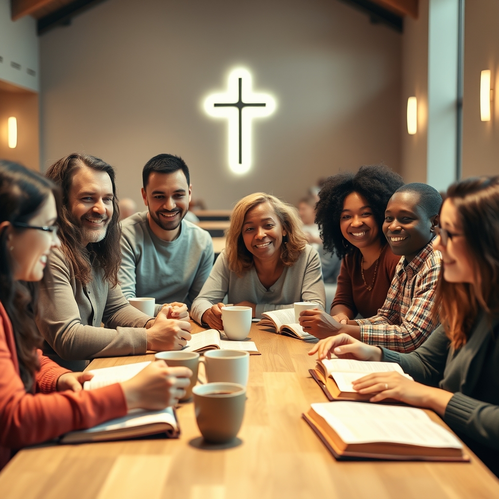 Diverse group of people studying the Bible together in a church fellowship hall, warm lighting, genuine smiles, professional community photography.