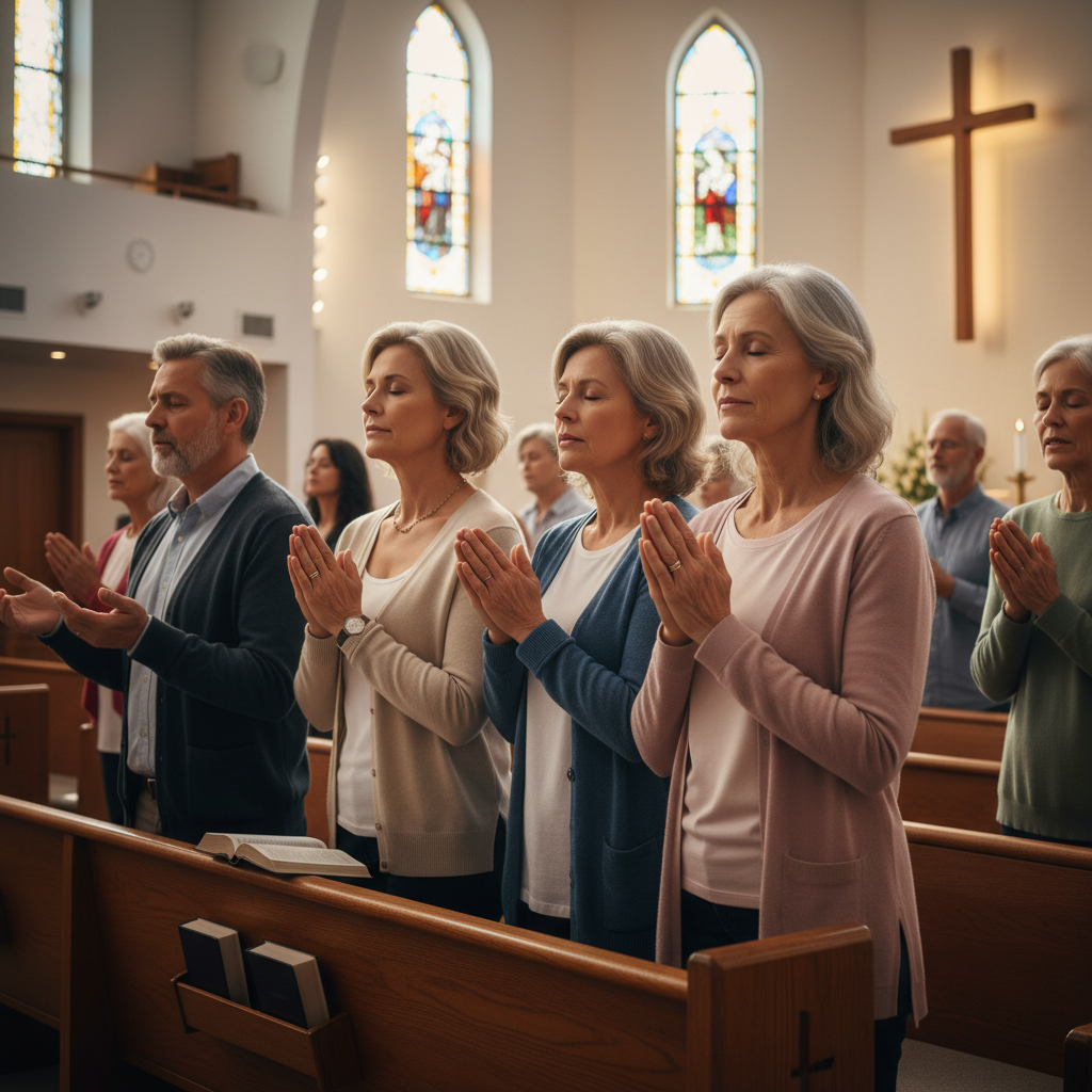 Diverse group of people with reverent expressions, some with eyes closed in prayer or worship in a church setting.